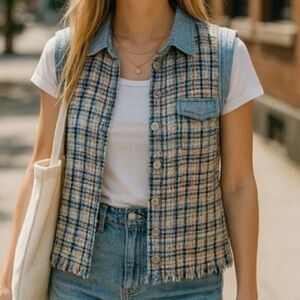 Mystree Sleeveless Tweed Button Front Top Collared Size S